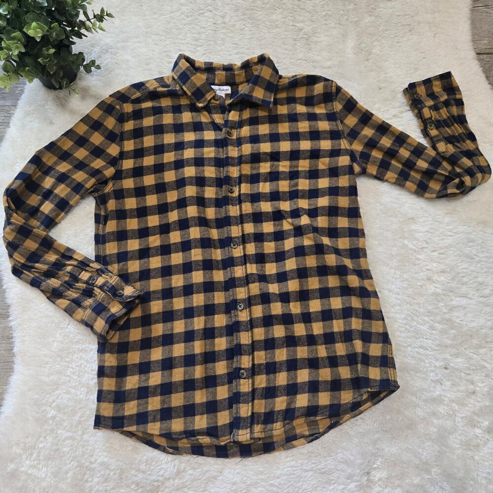 Tommy Bahama Yellow and Blue Plaid Flannel Button-Up Shirt, Boy's XXL (16)